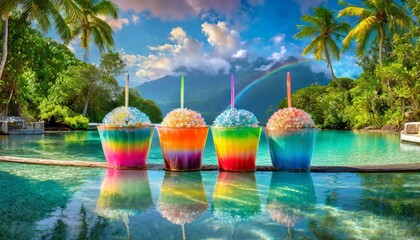 Wall Mural - Slushie Rainbow Oasis: Welcome to an oasis like no other, where the water isn’t just refreshing—it’s a rainbow slushie paradise! Dip your toes into the lagoon and feel the soft.