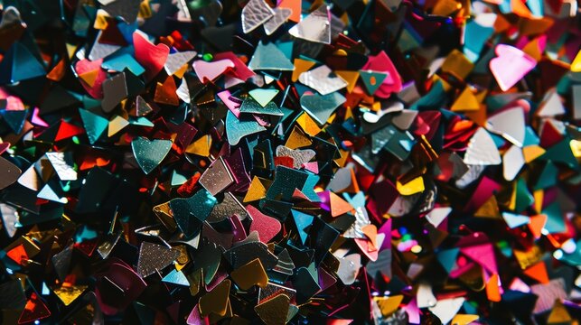 Macro shot of tered confetti revealing intricate patterns and designs within the individual pieces