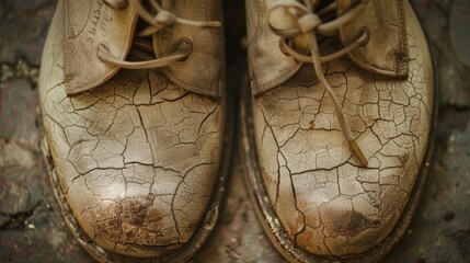 Wall Mural - A textured shot of a pair of wellworn leather shoes their cracked and worn surface telling a story of many years of use