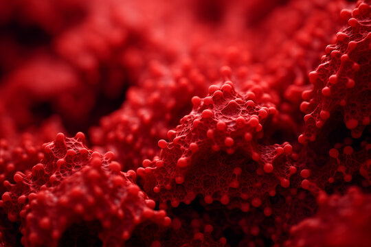 A detailed close-up view of red-colored microscopic organic structures suggesting cellular forms