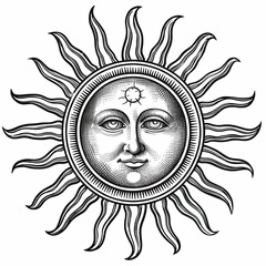 Wall Mural - An image of the sun with a face and rays. A mystical, esoteric or occult design element. Cartoon characters in pencil drawing style. Black and white image. Illustration for cover, card, print, etc.