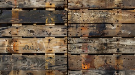 Aged and distressed the splintered boards of the pallet reveal a rugged and worn surface