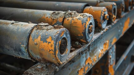 Wall Mural - Frayed Edges A detailed image of worn conveyor rollers with frayed edges indicative of years of use and potential damage