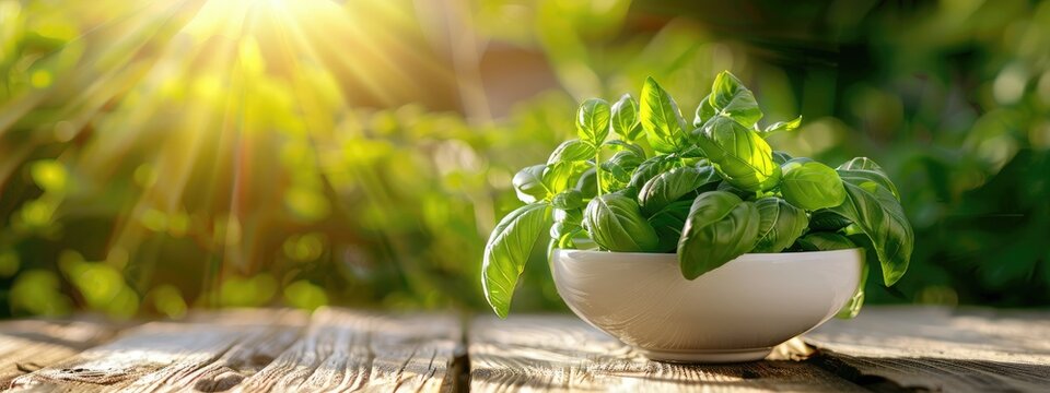 basil in a white bowl on a wooden table. Selective focus