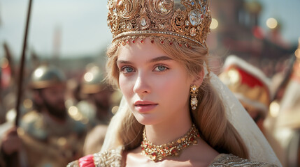 Beautiful girl dressed as a Russian queen against the backdrop of the medieval Russian army. Historical moments