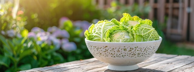 Wall Mural - cabbage in a white bowl on a wooden table. Selective focus