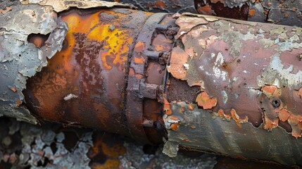 Wall Mural - Crumbling and worn edges of a corroded metal pipe revealing layers of rust and grime