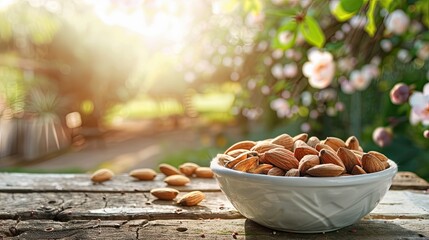 Poster - almond nuts in a white bowl on a wooden table. Selective focus