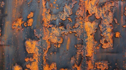 Wall Mural - The heavy rust coating on this sheet steel almost appears to be melting with orange and brown streaks running down its surface in a fluidlike manner