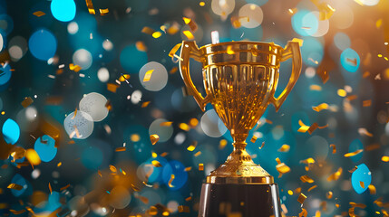 A golden trophy cup surrounded by a burst of colorful confetti with a cool blue background.