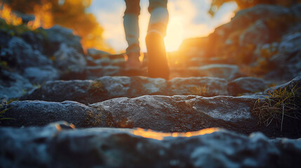 stairway. Close up legs jeans and shoes sneakers red of young hipster man One person walking stepping going up the stairs in modern city with sunlight, go up staircase, success, grow up.