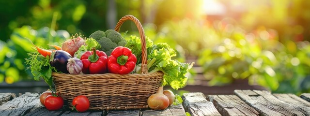 Poster - fresh vegetables in a basket on a wooden table. Selective focus