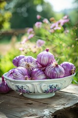 Wall Mural - onion in a white bowl on a wooden table. Selective focus