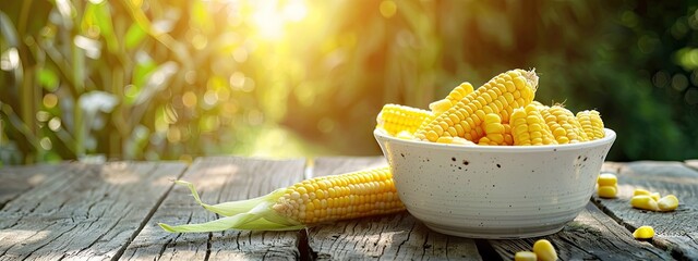 Wall Mural - corn in a white bowl on a wooden table. Selective focus