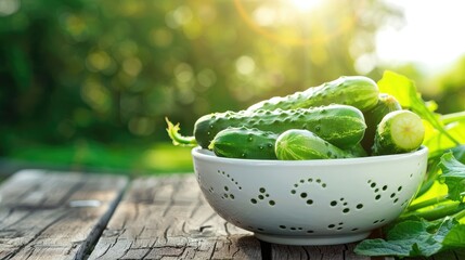 fresh whole cucumbers in a white bowl on a wooden table. Selective focus