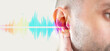 © kittyfly - young man ear closeup listening, sound wave, acoustics Auditory System, Hearing Test, Cochlear implant, Assistive listening device