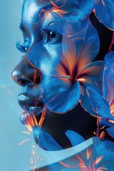 Abstract double exposure portrait of beautiful young black skin woman face with flowers.