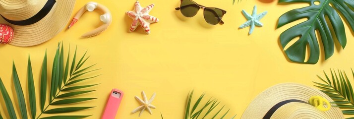 summer flat lay pattern with travel accessories on yellow background, travel and vacations concept . summer day background