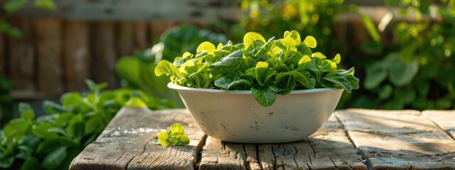 Wall Mural - spinach in a white bowl on a wooden table. Selective focus