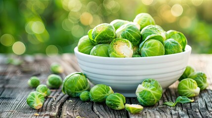 Wall Mural - fresh brussels sprouts in a white bowl on a wooden table. Selective focus