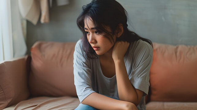 Sad, unhappy. Alone asian young woman, girl expression face thinking about problem, difficulty, feeling failure and exhausted, suffering from loneliness, grief sorrow and bad relationship or break up.