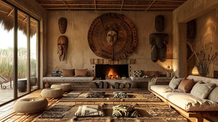 Poster - This image presents a refined traditional African living room, featuring mudcloth accents and wooden masks adorning the walls, creating a culturally rich and elegant space.