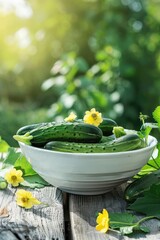 Wall Mural - fresh whole cucumbers in a white bowl on a wooden table. Selective focus
