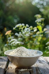 Wall Mural - flour in a white bowl on a wooden table. Selective focus