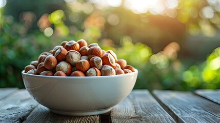 Sticker - hazelnuts in a white bowl on a wooden table. Selective focus