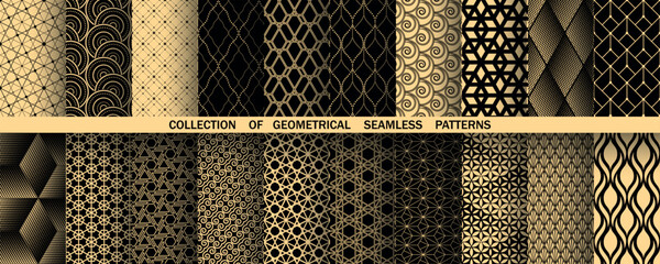 Wall Mural - Geometric set of seamless black and golden patterns. Simple vector graphics
