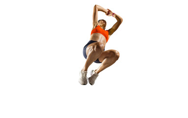 Wall Mural - Sports transparent background. The runner girl jumps in the air.