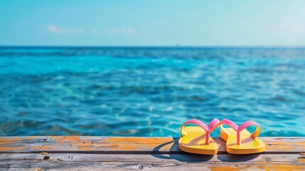Wall Mural - Flip-flops on wood against blue water background. Summer vacation concept 