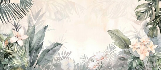 Wall Mural - Illustration of tropical wallpaper print design with palm banana leaves and birds on canvas texture. Tropical plants and birds on textured background. AI generated illustration