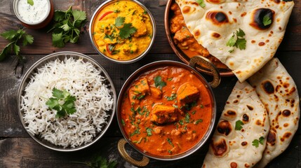 Wall Mural - A vibrant Indian curry dish served with fragrant basmati rice and naan bread, symbolizing the widespread appeal of spicy and flavorful Indian cuisine