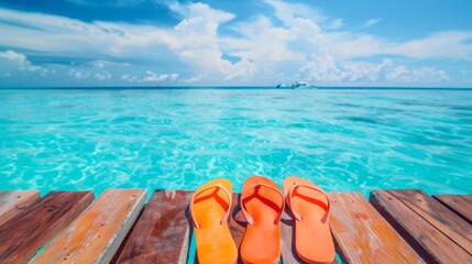 Wall Mural - Flip-flops on wood against blue water background. Summer vacation concept 