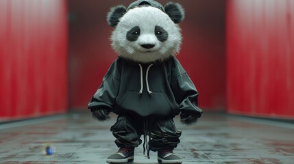 Poster - Panda wearing a black hoodie in a modern setting