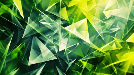 Poster - An abstract geometric background with sharp triangles and polygons in various shades of green and yellow. The shapes are layered to create depth and a sense of modernity