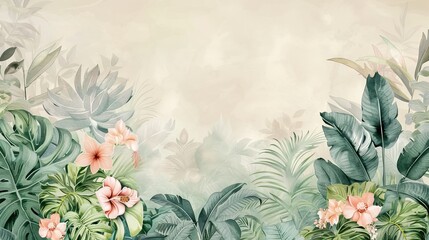 Wall Mural - Illustration of tropical wallpaper print design with palm banana leaves and birds on canvas texture. Tropical plants and birds on textured background. AI generated illustration