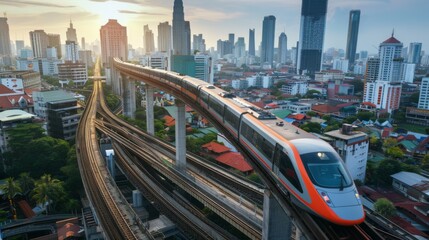 Poster - An aerial view of a high-speed train traveling on elevated tracks above a bustling cityscape, illustrating urban connectivity