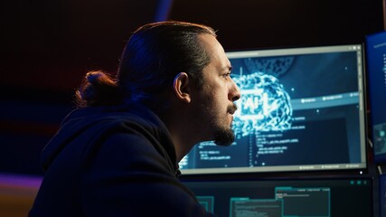 Poster - hacker using ai machine learning to find unpatched connections and steal data. close up shot of scam