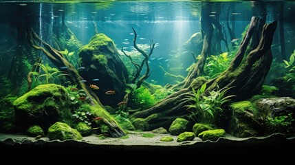 Poster - A aquarium filled with lush green plants and a school of colorful fish swimming around them