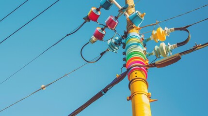 Poster - An electricity pole with colorful insulators and wires against a clear blue sky, highlighting the technical details and vibrant components