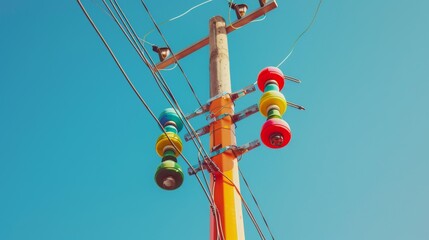 Poster - An electricity pole with colorful insulators and wires against a clear blue sky, highlighting the technical details and vibrant components