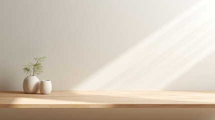 Wall Mural - Empty Light Wood Table with Soft Shadow and Sun Rays on White Wall Background