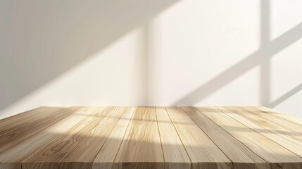 Wall Mural - Empty Light Wood Table with Soft Shadow and Sun Rays on White Wall Background