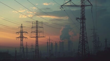 Poster - An industrial area with electricity poles and power lines crisscrossing the sky, emphasizing the role of power in industry