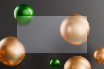 Poster - Glassmorphism.Shiny green and gold spheres floating on a dark background with a frosted glass rectangle in the center. 3d rendering