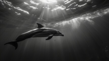 An underwater photographer capturing the elegance of a dolphin swimming gracefully beneath the surface, its streamlined form illuminated by sunlight filtering through the water