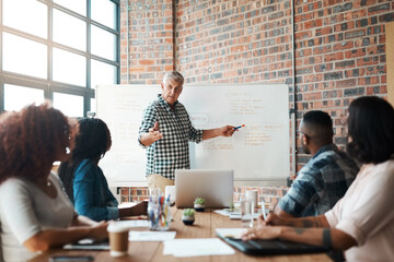 Leinwandbilder - Business meeting, presentation and mature leader in office for financial, review or budget, training or discussion. Learning, coaching and speaker with team for whiteboard goal, target or vision