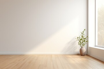 Wall Mural - Empty Room With Sunlight Streaming Through Window and Potted Plants on Wooden Floor
